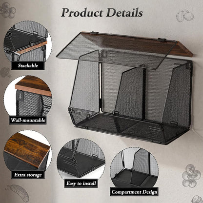 Teenyyou 2 Pcs Stackable Mesh Fruit Basket with Lid Wall Produce Vegetable Storage Basket Onion Potato Hanging Metal Wire Container for Kitchen Counter Pantry(Non-removable,Black,8.3" w & 13.8" l)