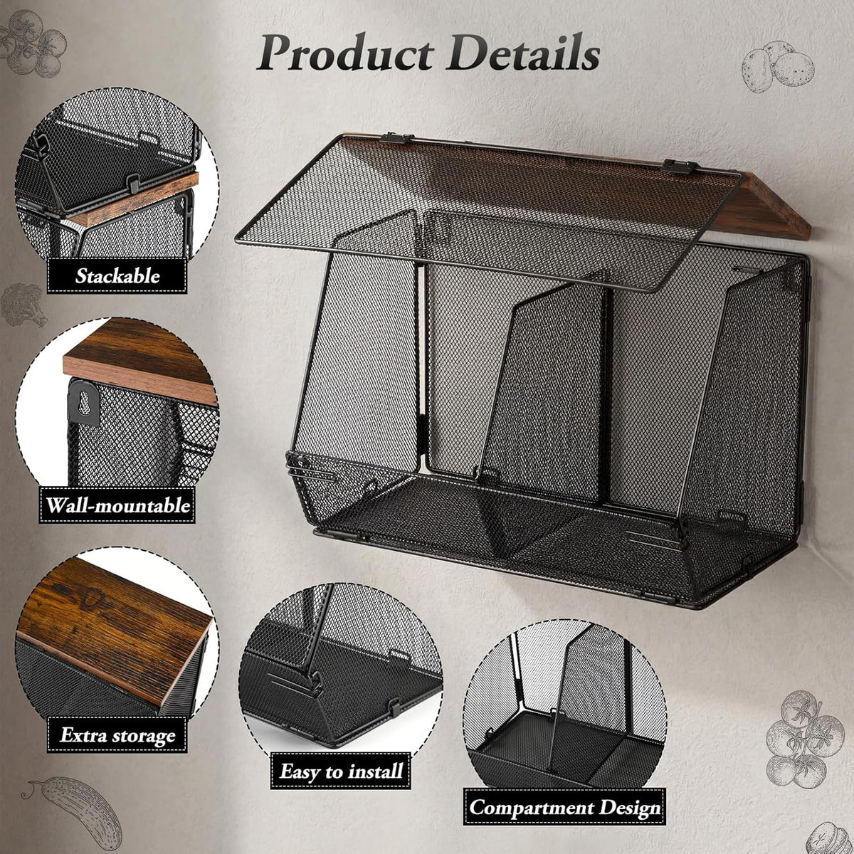 Teenyyou 2 Pcs Stackable Mesh Fruit Basket with Lid Wall Produce Vegetable Storage Basket Onion Potato Hanging Metal Wire Container for Kitchen Counter Pantry(Non-removable,Black,8.3" w & 13.8" l)
