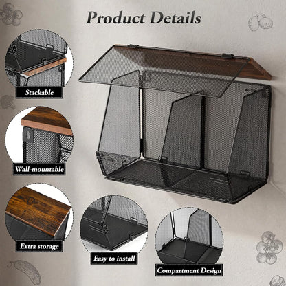 Teenyyou 2 Pcs Stackable Mesh Fruit Basket with Lid Wall Produce Vegetable Storage Basket Onion Potato Hanging Metal Wire Container for Kitchen Counter Pantry(Non-removable,Black,8.3" w & 13.8" l)