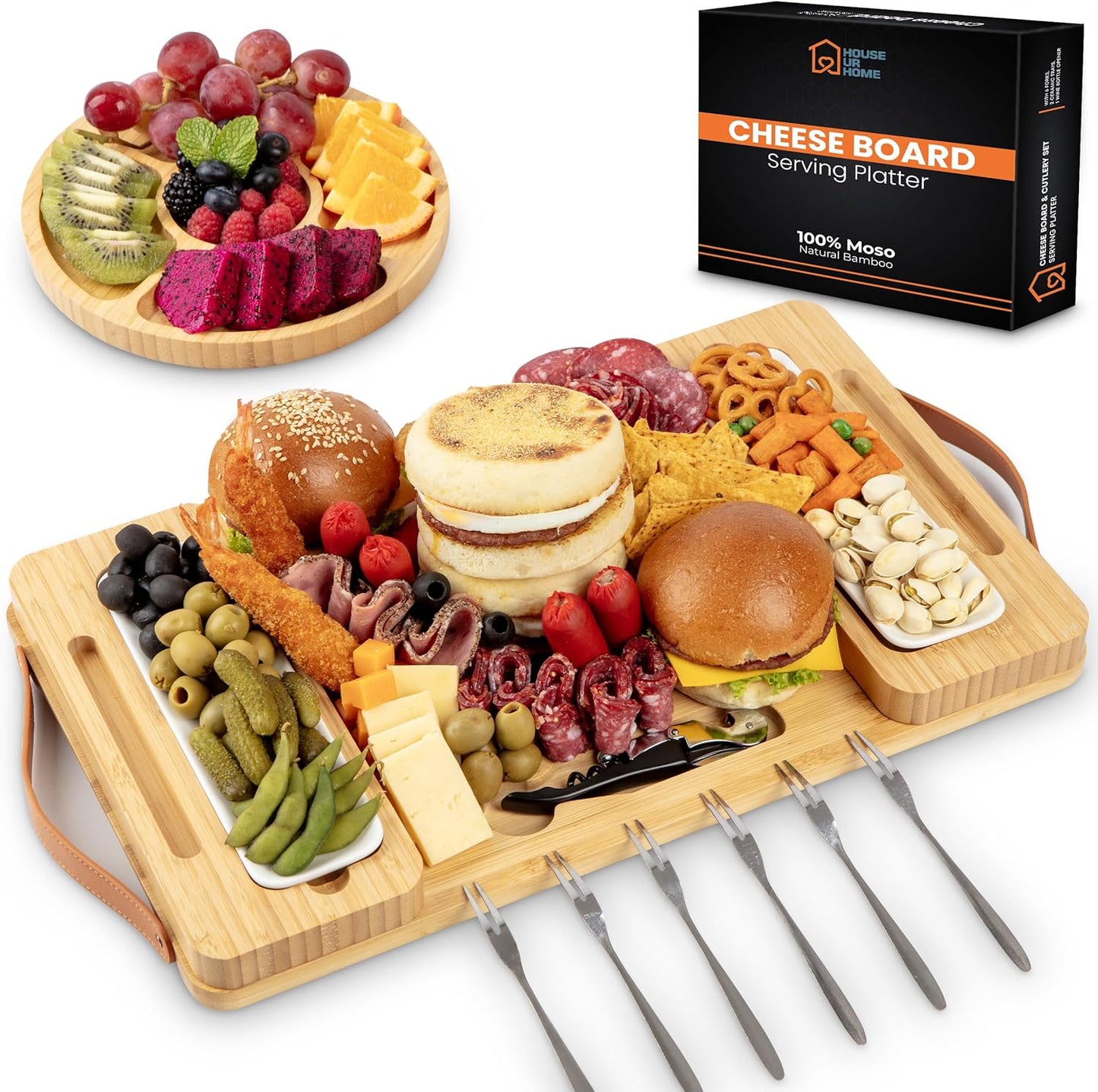 Bamboo Charcuterie Board Set with Magnetic Side Trays | Large Cheese Platter with Knives & Bowls | Unique Housewarming, Wedding & Birthday Gift for Entertaining