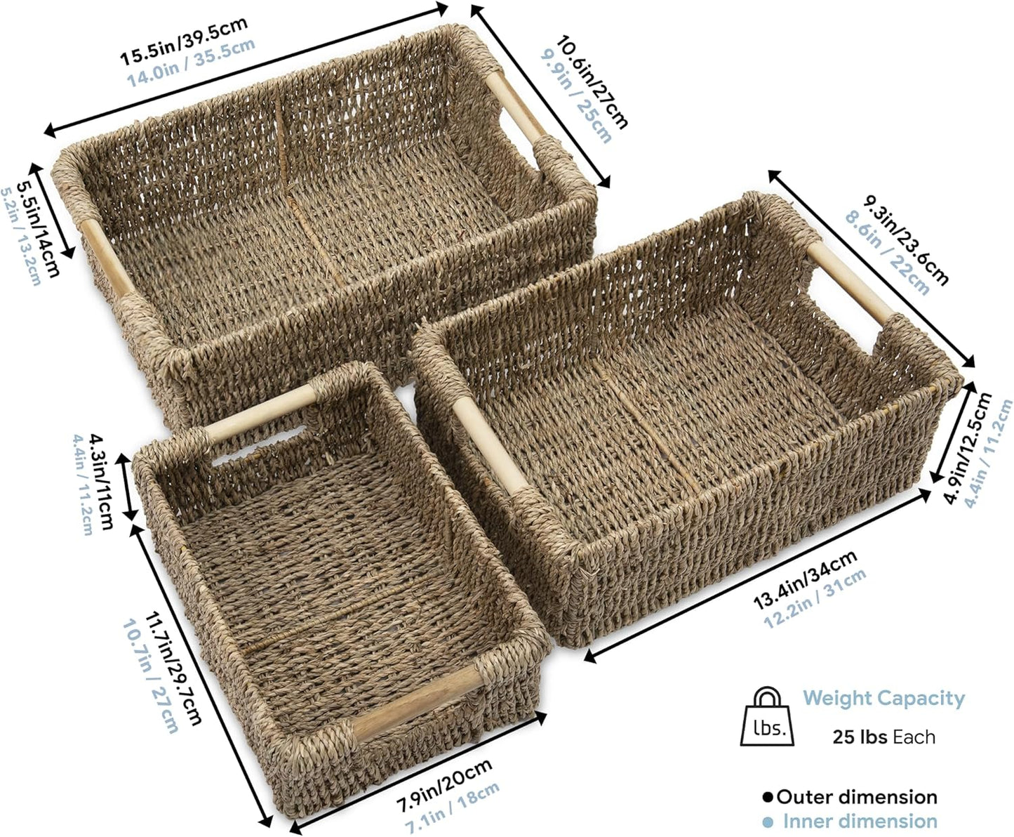 VATIMA Water Hyacinth Storage Baskets with Large Open-Front for Kitchen, Decorative for Living Room, 13.4” x 9.5” x 5.5”, 2 Pack