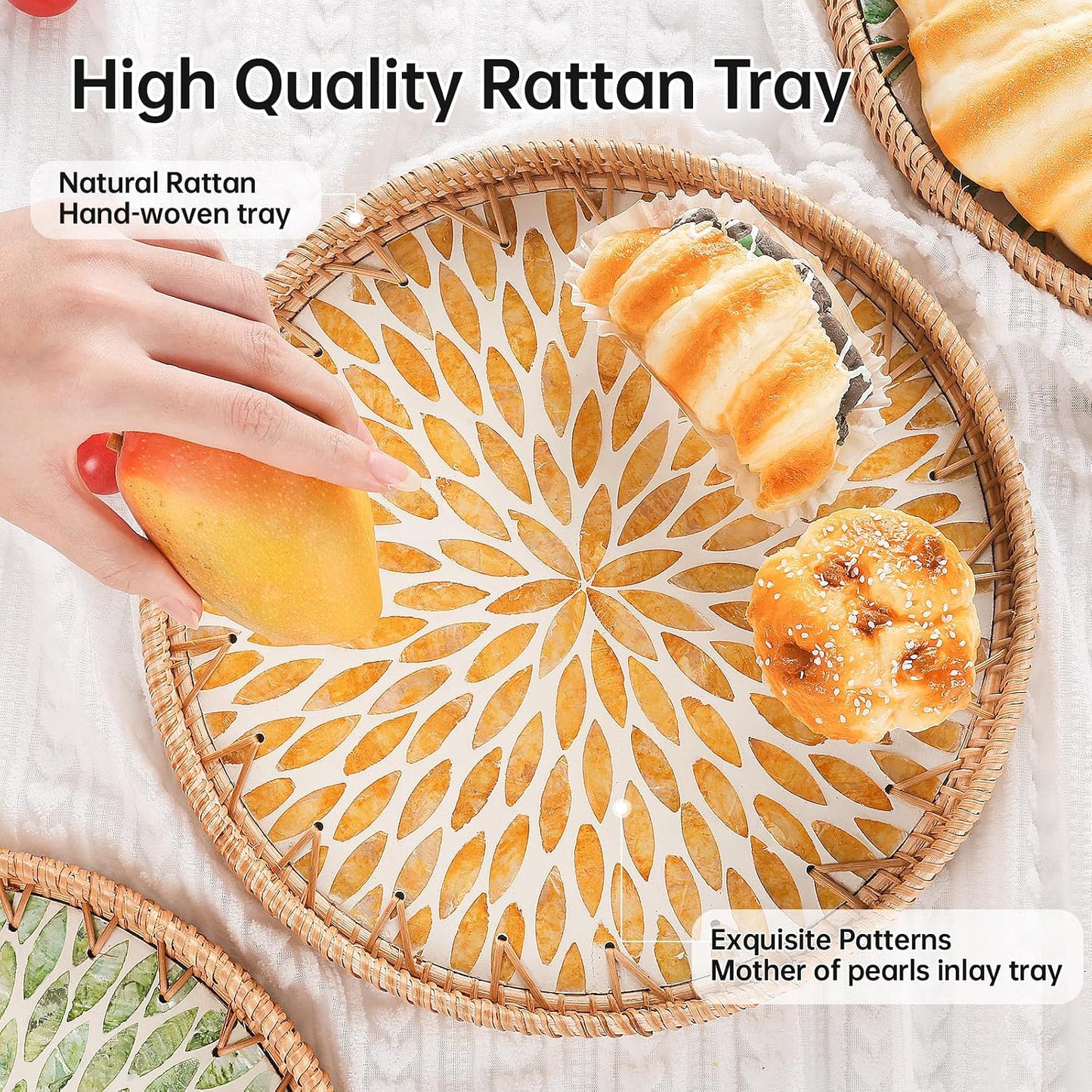 Round Rattan Tray with Mother of Pearl Inlay, Rattan Serving Tray for Coffee, Bread, Fruits, Decorative Wicker Tray for Table Decor, Home Decor, Kitchen Island Decor(Black Checkerboard, 11.8")