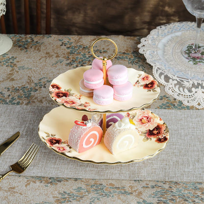 fanquare 3 Compartment Platter, Gold Porcelain Appetizer Serving Tray, Floral Ceramic Divided Serving Plate for Fruit, Candy, Nuts
