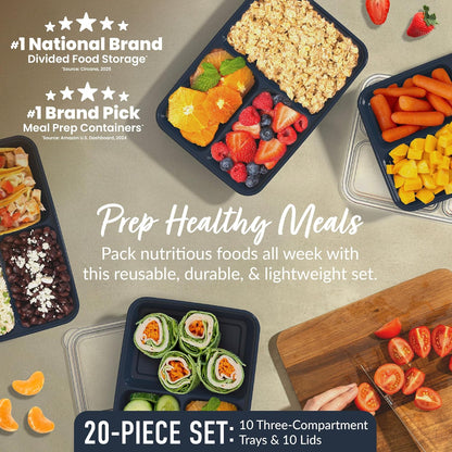 Bentgo Prep - 20-Piece 3-Compartment Reusable Meal Prep Containers with Lids, PFAS & BPA Free Materials, Durable, Microwave, Freezer, & Dishwasher Safe To Go Food Storage (Stone Gray)
