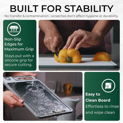 Stainless Steel Cutting Board Kitchen Set - Double Sided Stainless Steel Chopping Board With Sharpener Scraper And Finger Guard, Non Slip Edges, Dishwasher Safe Over Sink With Lip, 3 Piece