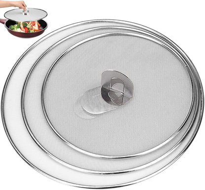Splatter Screen for Frying Pan 13" 11.5" 9.8" Stainless Steel Fine Mesh Grease Splatter Guard with Comfort Silicone Handles and Resting Feet for Prevent Oil Splatter Safe Cooking