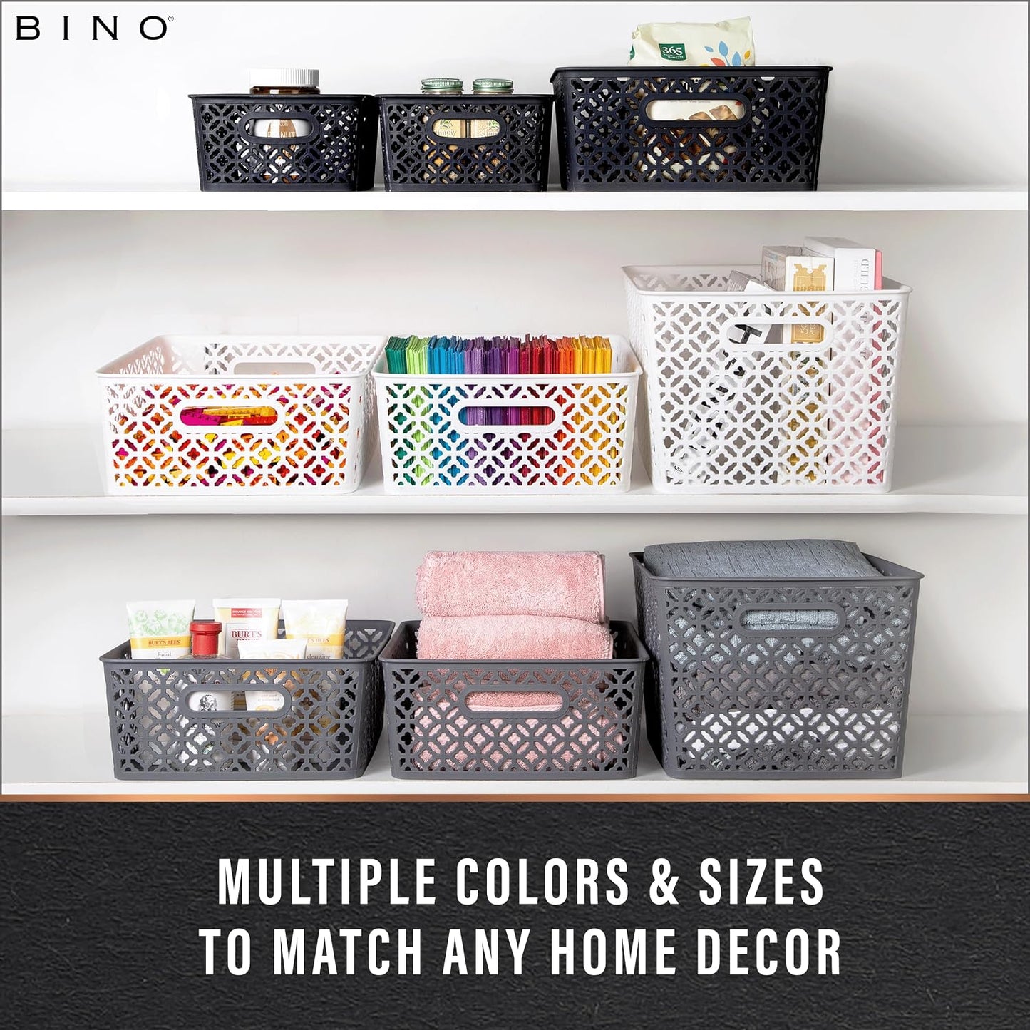 BINO l Plastic Storage Baskets, Large - Grey l THE BLOSSOM COLLECTION l Multi-Use Organizer Bin l Built-in Handles l Plastic Woven Basket for Organizing l Pantry & Home Organizing Basket