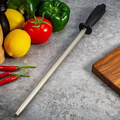12-Inch Knife Sharpening Rod, Fine Carbon Honing Steel, Black Handle