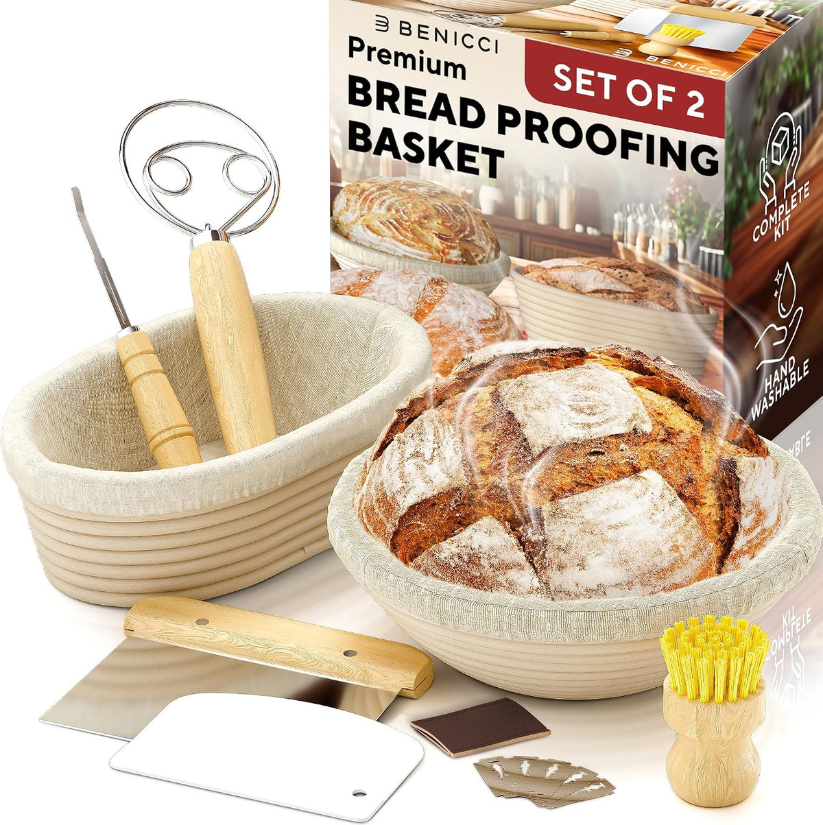Complete Bread Proofing Baskets Set with 9 in and 10 in Banneton Basket
