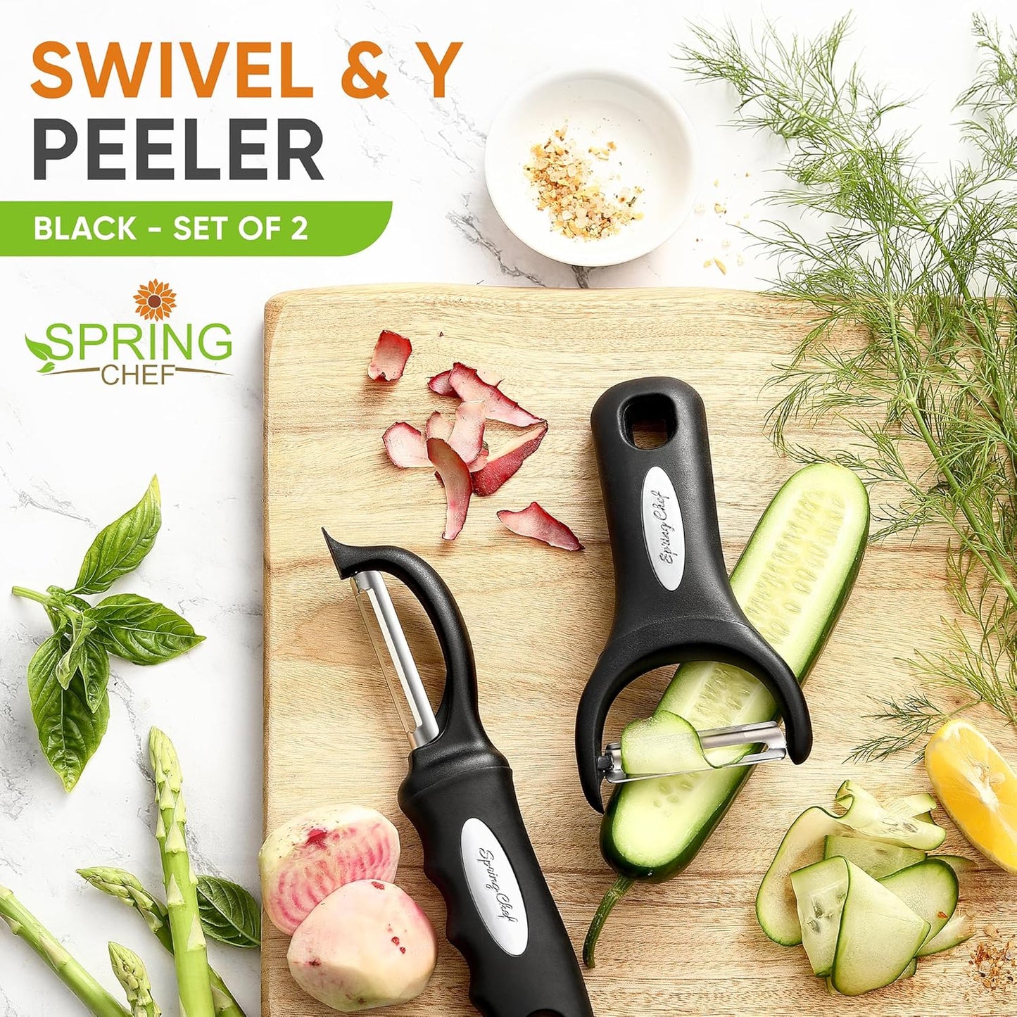Spring Chef Swivel & Vegetable Julienne Peeler Set for Kitchen with Stainless Steel Sharp Blades - Potato Peelers with Soft Grip Handles & Blade Covers - Perfect for Carrot, Zucchini, Cucumber - Black