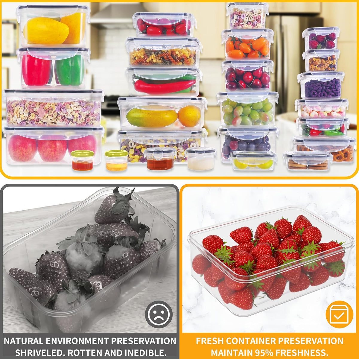 52 PCS Large Food Storage Containers with Lids Airtight, BPA-Free Leakproof Plastic Meal Prep Containers Reusable,Microwave & Dishwasher & Freezer Safe,Includes Labels & Pen