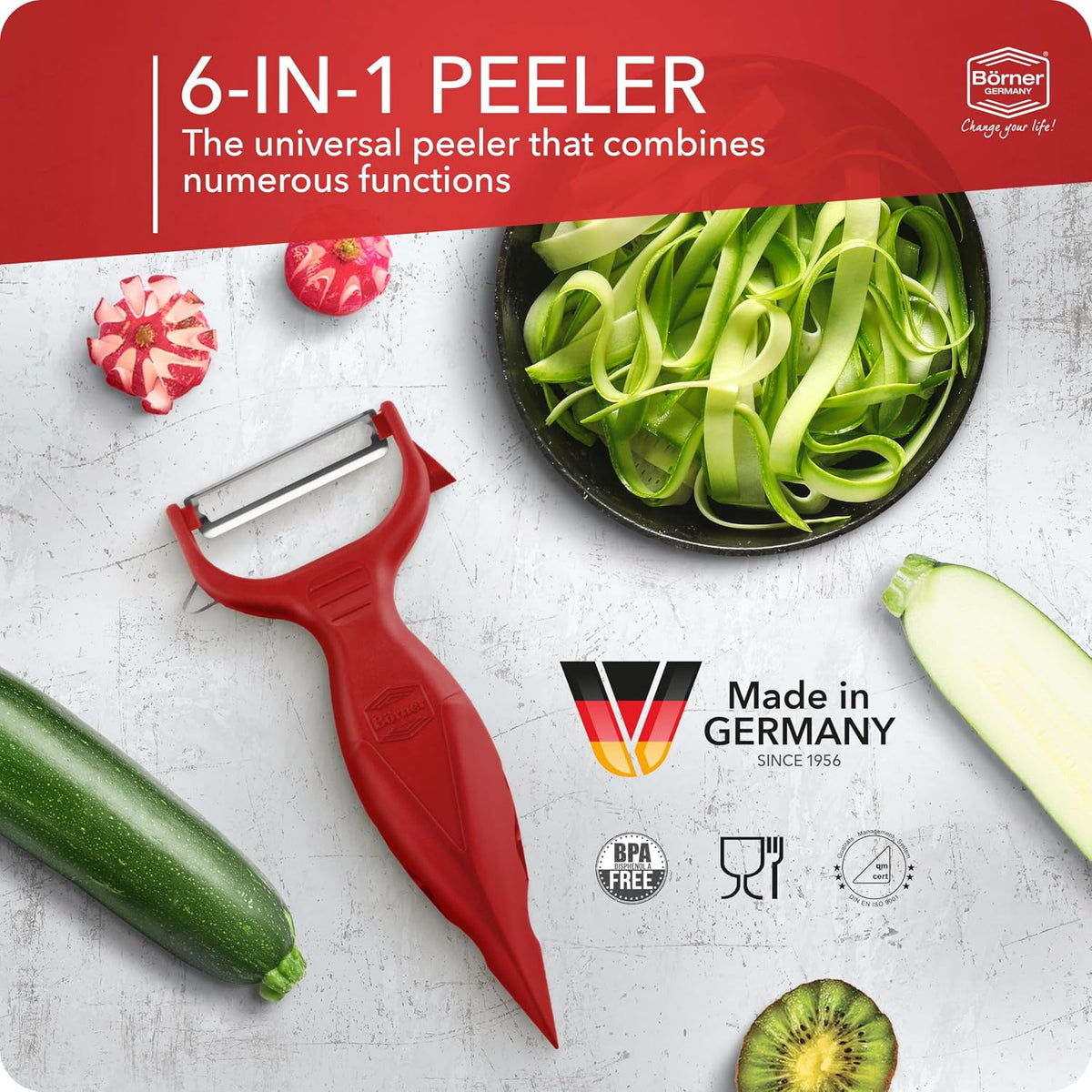 Börner Vegetable Peeler (6-in-1) • Garnishing Peeler with Grater • Multifunctional Peeler for Fruits & Vegetables • Fruit Peeler, Universal Peeler, Potato Peeler • Color: White