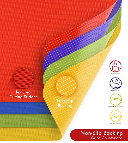 Dexas Heavy Duty Cutting Board Grippmat, Flexible Cutting Boards for Kitchen, Set of 4, Non Slip Plastic Board Cutting Mat 11.5 by 14 Inches Gray, Red, White and Green Set, Kitchen Gadgets