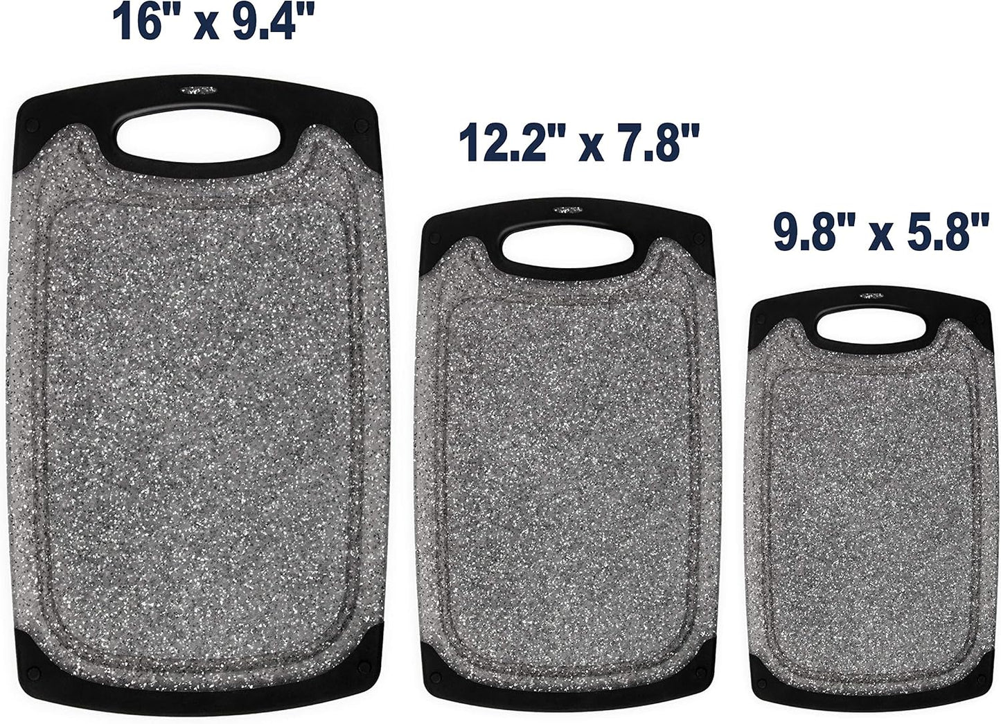 Famiry Reversible Cutting Board Set of 3, Plastic Chopping Board for Kitchen, Non-Slip Design with Easy Grip Handle, Juice Grooves, BPA Free, Dishwasher Safe (3-Piece, Black)