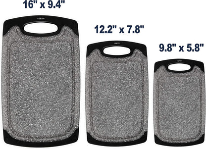 Famiry Reversible Cutting Board Set of 3, Plastic Chopping Board for Kitchen, Non-Slip Design with Easy Grip Handle, Juice Grooves, BPA Free, Dishwasher Safe (3-Piece, Black)