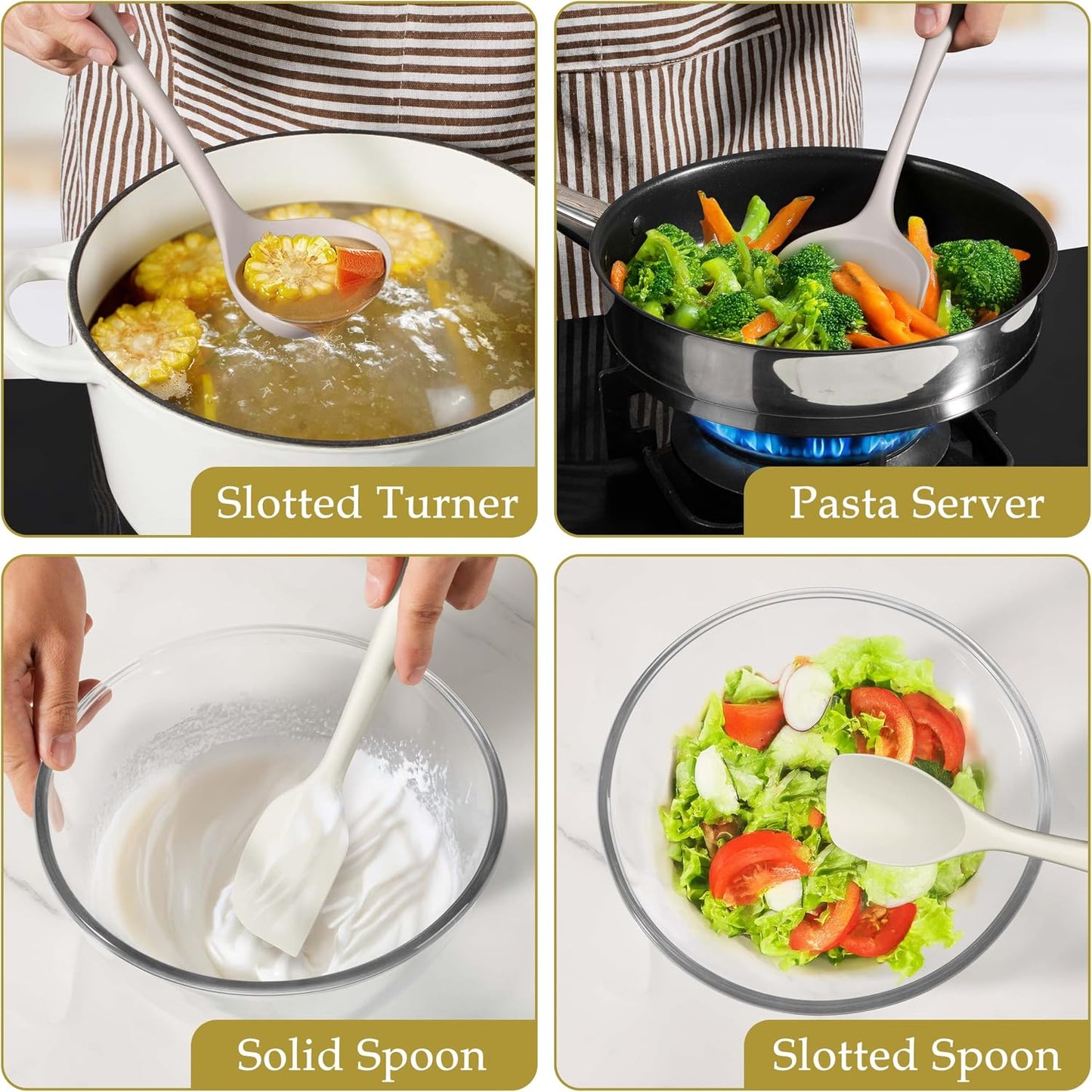LIANYU Non-Toxic Silicone Kitchen Utensils Set, 8 Piece Non-Scratch Cooking Spoons & Spatulas, Stainless Steel Core, Heat Resistant & Dishwasher Safe, Khaki