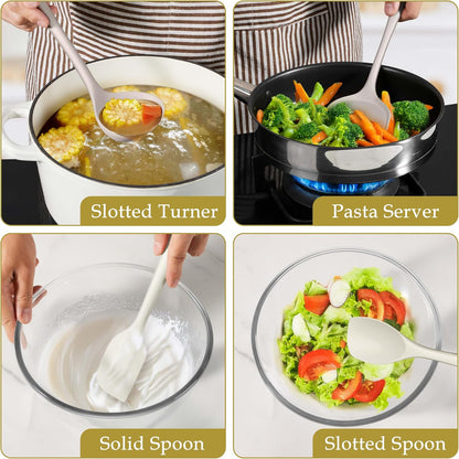 LIANYU Non-Toxic Silicone Kitchen Utensils Set, 8 Piece Non-Scratch Cooking Spoons & Spatulas, Stainless Steel Core, Heat Resistant & Dishwasher Safe, Khaki