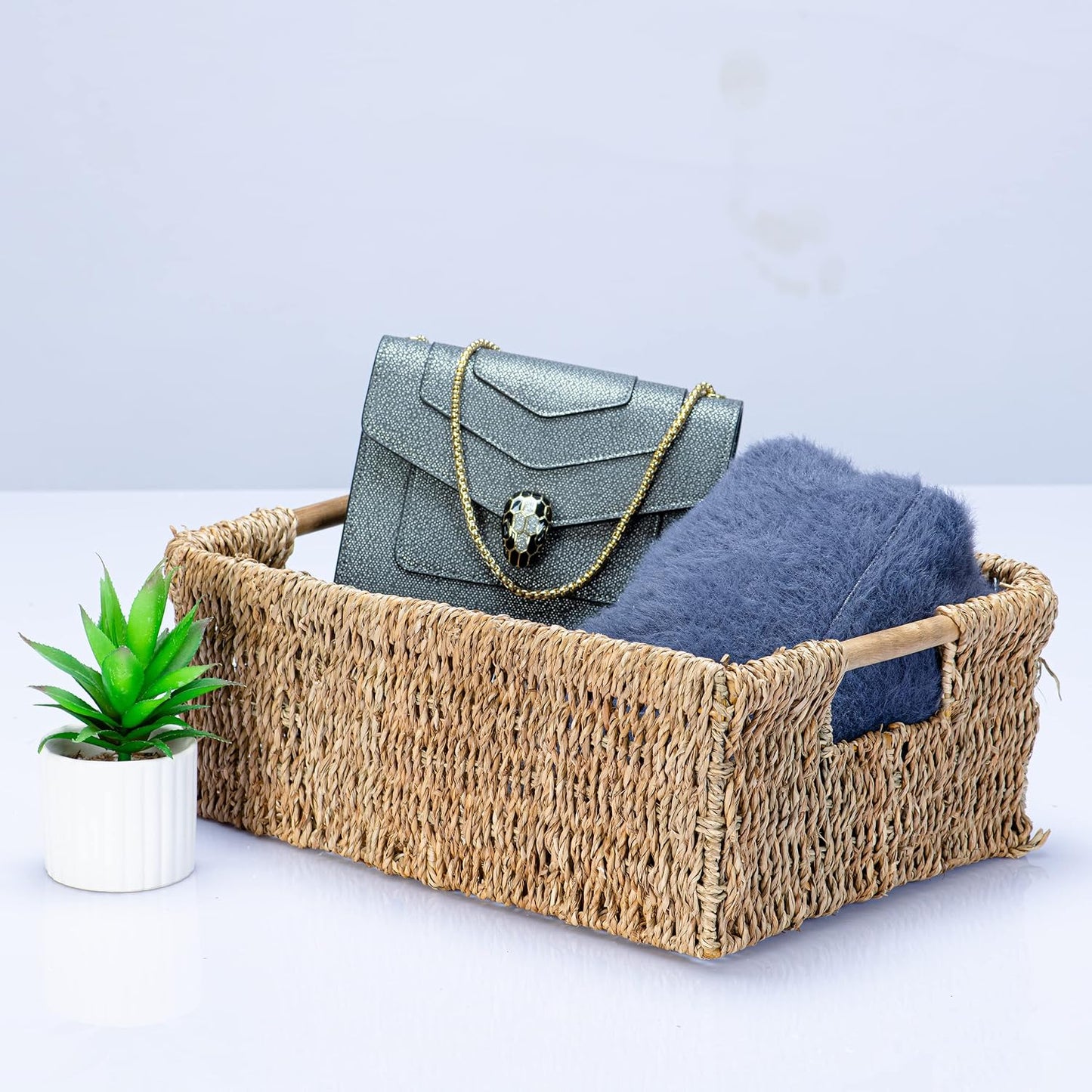 VATIMA Water Hyacinth Storage Baskets with Large Open-Front for Kitchen, Decorative for Living Room, 13.4” x 9.5” x 5.5”, 2 Pack