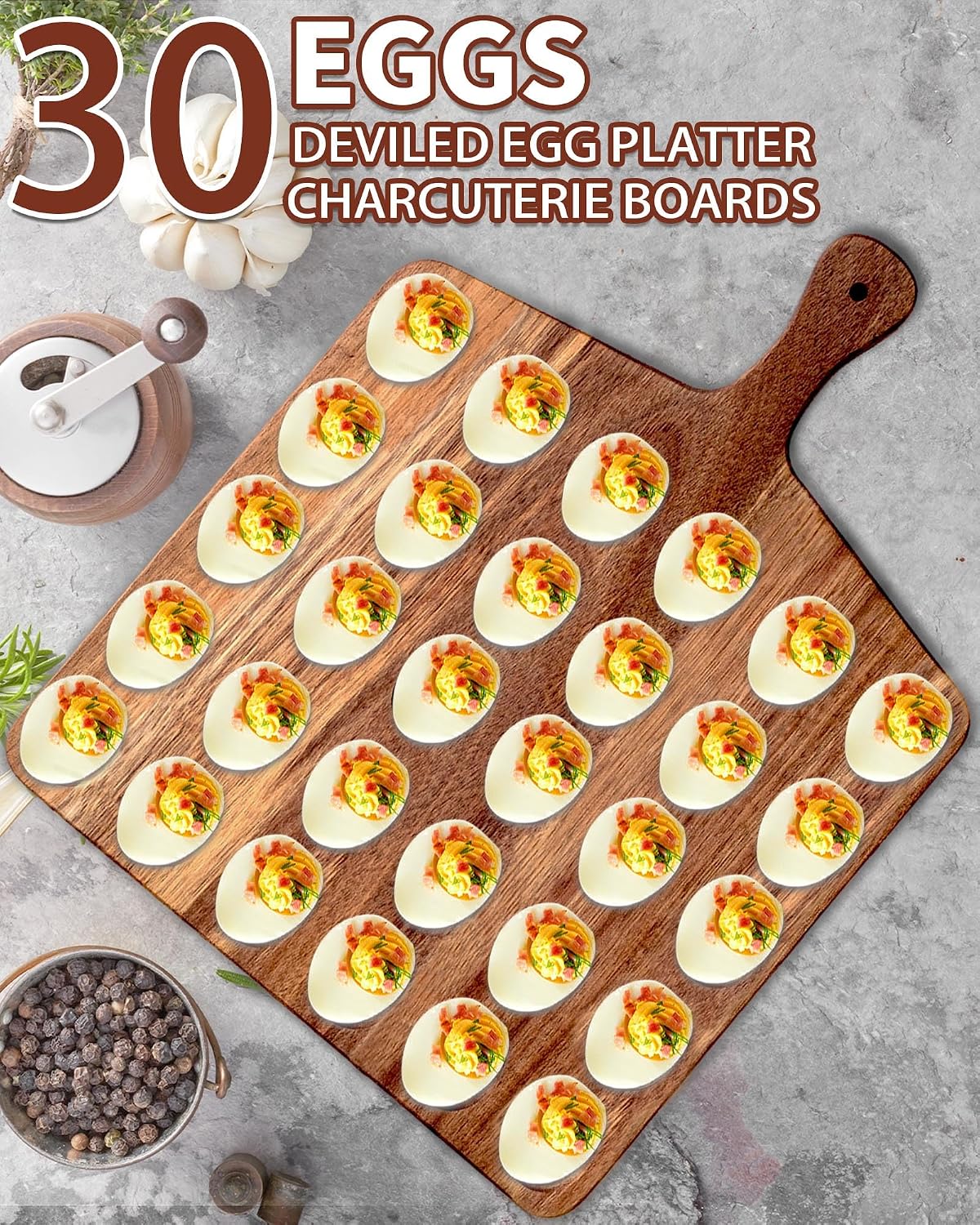 2-Pack 24 Holes Deviled Egg Platter,Acacia Wooden Round Deviled Egg Charcuterie Board Tray Holder Carrier with Handle for Kitchen Countertops