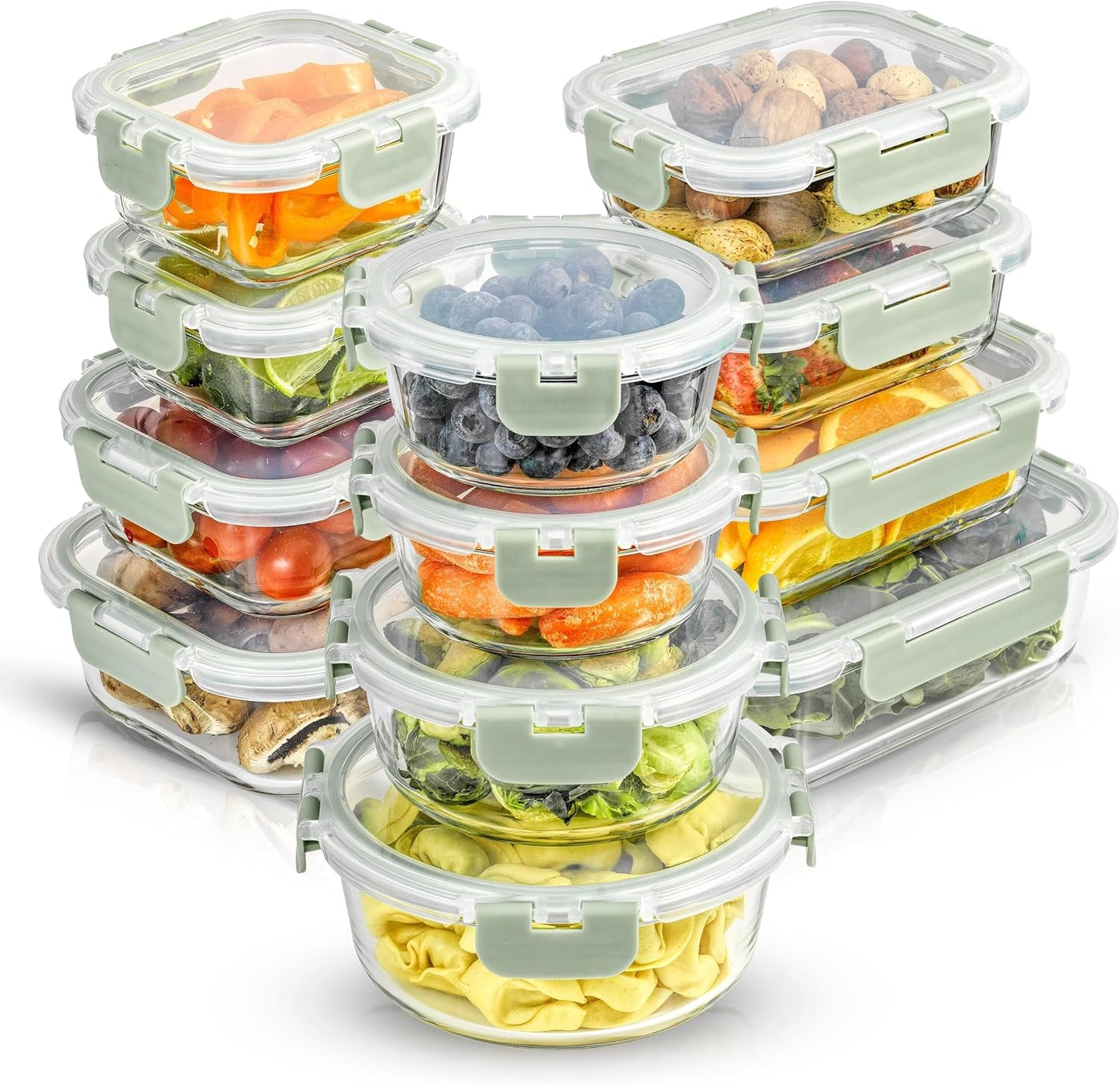 JoyJolt 24pc Borosilicate Glass Storage Containers with Lids | 12 Airtight/Freezer Safe Food Storage Containers for Pantry and Kitchen | Meal Prep Container for Lunch | Glass Tupperware Set