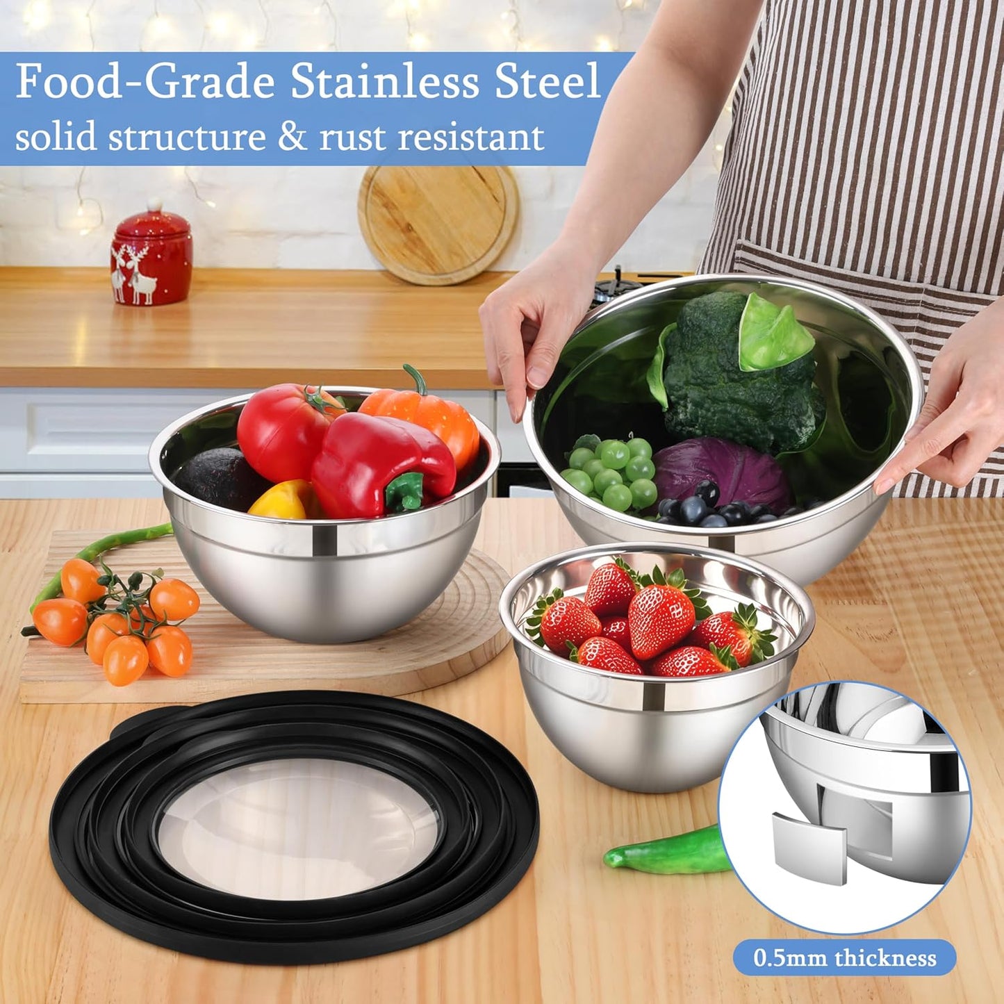 LIANYU Mixing Bowls with Airtight Lids Sets, 3 Packs Stainless Steel Metal Mixing Bowls, Ideal for Prepping, Cooking, Storage, Serving, Freezer & Dishwasher Safe, Khaki