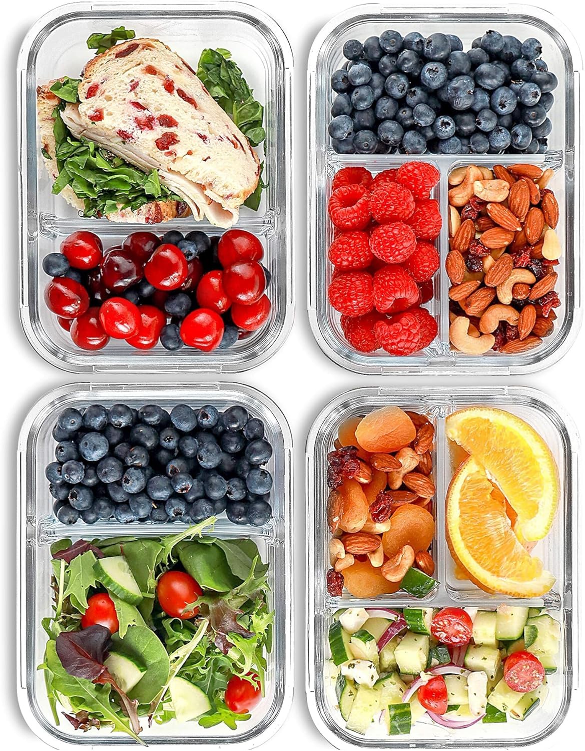 FIT Strong & Healthy 2 and 3 Compartment Glass Meal Prep Containers – Glass Bento Box for Adults, Portion Control, Food Storage, Lunch Container, Oven & Freezer Safe, Leak-Proof, 32 oz, Gray, 4 Pack