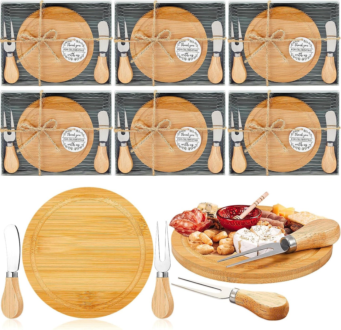 Maxcheck 6 Sets Baby Shower Bridal Game Prizes for Winners Round Cheese Board Set Wood Mini Charcuterie Board with Knives and Forks Thank You Card with Gift Box for Guests Wedding (Bamboo)
