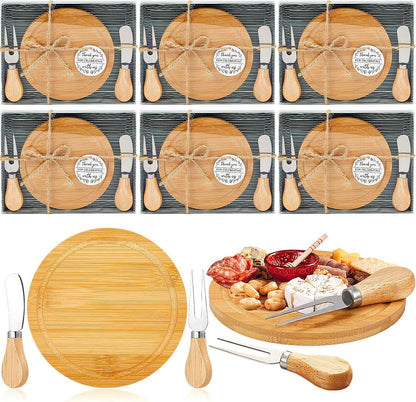 Maxcheck 6 Sets Baby Shower Bridal Game Prizes for Winners Round Cheese Board Set Wood Mini Charcuterie Board with Knives and Forks Thank You Card with Gift Box for Guests Wedding (Bamboo)