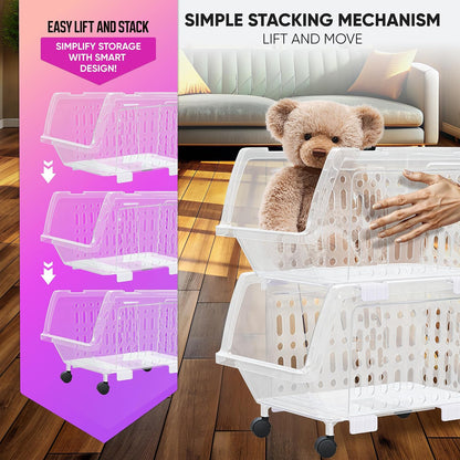 Large Stackable Storage Bins Open Front with Wheels, 4 Pack - Clear | Easy Assembly, Sturdy Plastic, Open Front Access, Smooth Rolling Wheels, Stackable, Large Capacity Storage