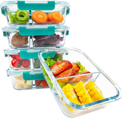 BlueHills Premium Glass Meal Prep Lunch Containers with Snap Green Lock Lids Glass Food Containers BPA-Free Oven Freezer Dishwasher Safe 5 pack set 10 pieces 36 Oz 4.5 cups (G002 Two Compartments)