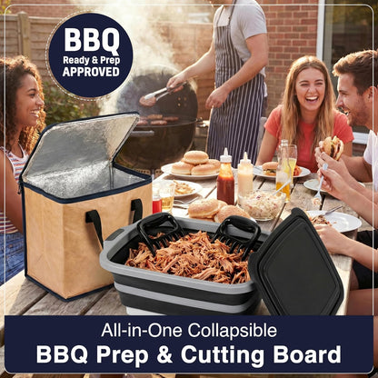 BBQ Prep Tub 16L, Collapsible Cutting Board with Meat Rest Blanket and Chicken Claws, Perfect Meat Prep Tub for Marinating, Shredding, and Grilling, All in One BBQ Accessories for Outing & Picnic