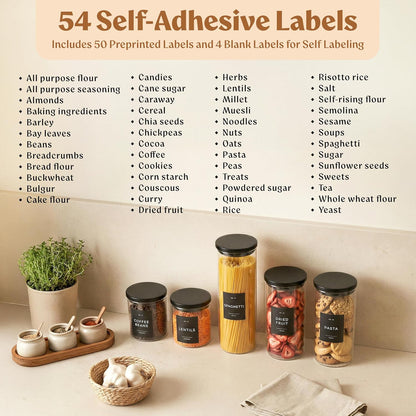 EDELHAUS 2x Large Glass Storage Containers with Airtight Black Lids [135oz/4000ml] | Extra Thick Glass Canisters for Pantry + 63 Labels | Flour Rice Cereal Sugar Coffee Beans Tea
