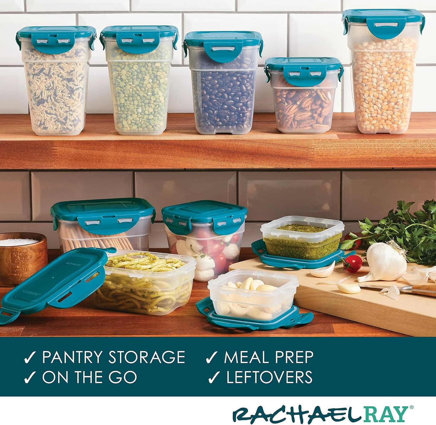 Rachael Ray Leak-Proof Nestable Container Food Storage Bin Set, 10-Piece, Clear with Teal Lids