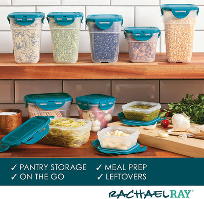 Rachael Ray Leak-Proof Nestable Container Food Storage Bin Set, 10-Piece, Clear with Teal Lids