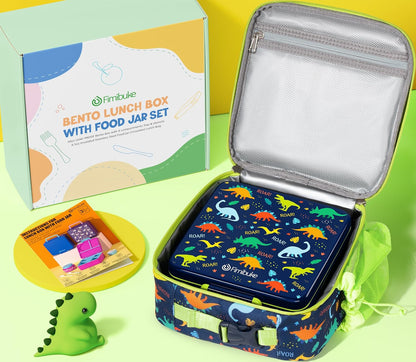 Fimibuke Kids Bento Lunch Box with Thermo, Leakproof Toddler Bento Box with 8.5OZ Insulated Food Jar, Lunch Bag & Utensils BPA Free Dishwasher Safe 3 or 4 Compartment Container for School Girls Boys