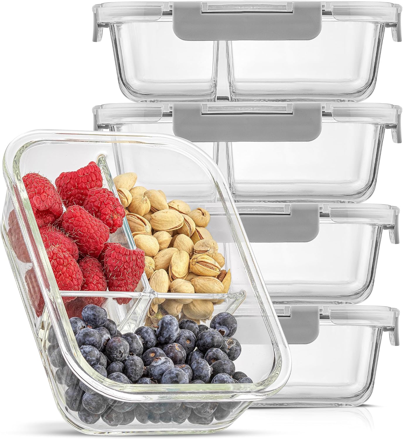 JoyJolt Divided 3 Compartment Glass Meal Prep Bento Box Set. 5 Pack Airtight Food Storage Containers with Lids for Portion Control and Weight Loss