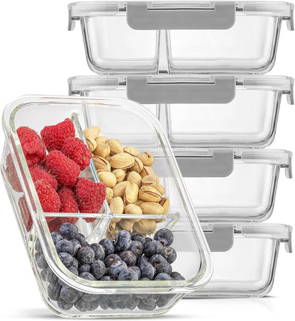 JoyJolt Divided 3 Compartment Glass Meal Prep Bento Box Set. 5 Pack Airtight Food Storage Containers with Lids for Portion Control and Weight Loss