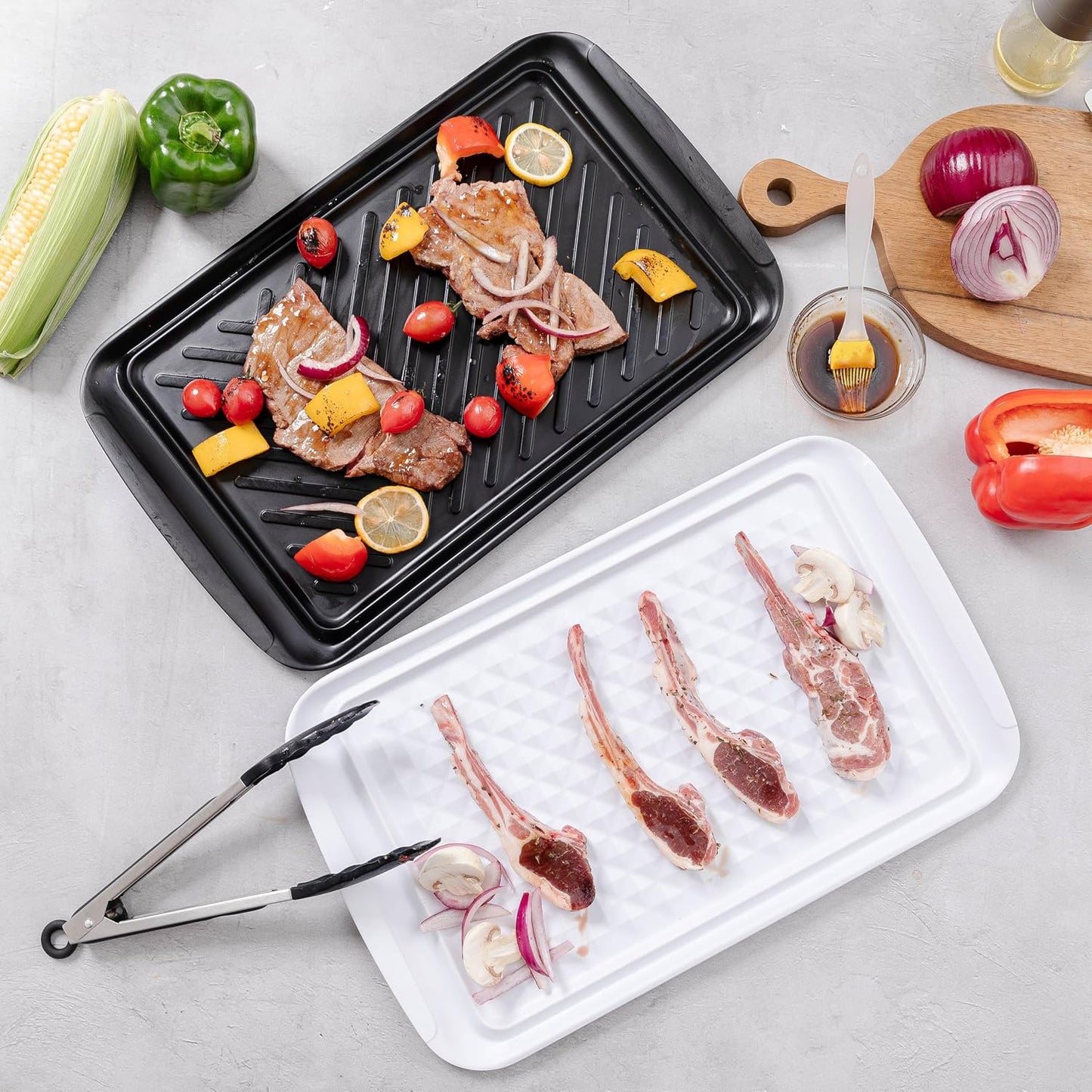 BBQ Tray for Raw Meat Prep and Cooked Food, Grill Prep and Serve Trays, Melamine Serving Trays and Platters for Food, Unbreakable Party Tray, Set of 2, Black and Red