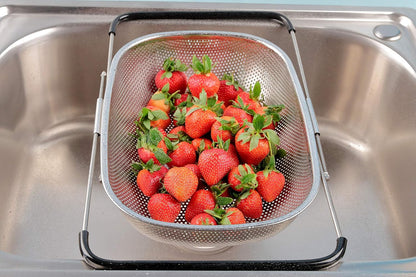 Over the Sink Strainer, Stainless Steel Kitchen Colander with Extendable Arms for Vegetable, Fruits and Pasta (5 quart)