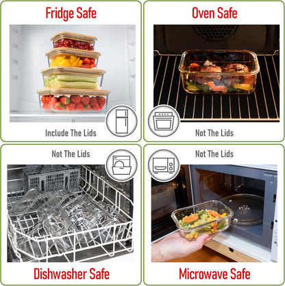 Set of 4 Stackable Space-Saving Nesting Glass Bowls with Airtight Acacia Lids for Lunch, Meal & Food Prep - Microwave & Oven-ready BPA Free Durable Heat Resistant Inert Borosilicate Glass