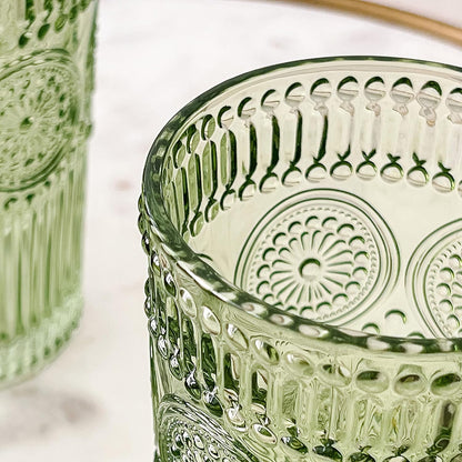 Kate Aspen Vintage Textured Aqua Blue Striped Drinking Glasses Set of 6-13 oz Ribbed Glassware with Flower Design | Cocktail Set, Juice Glass, Water Tumbler