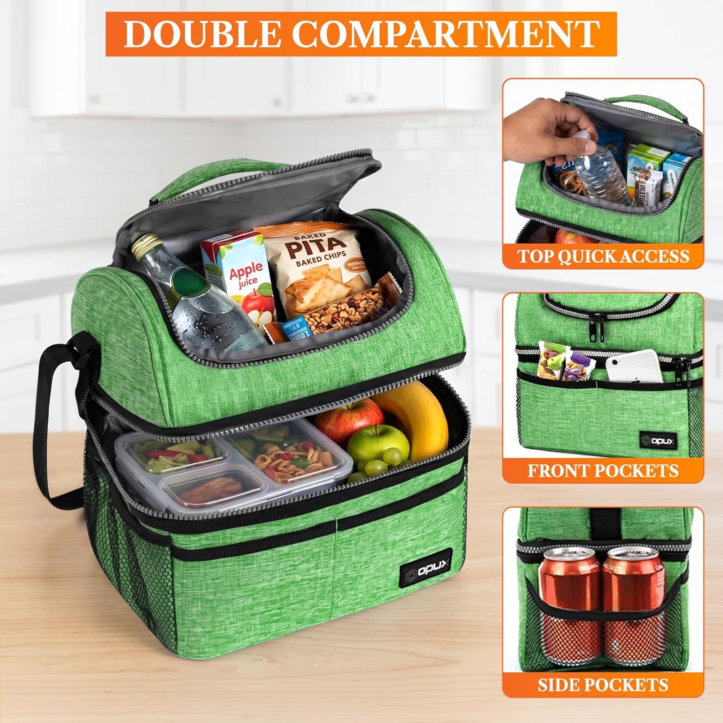 opux Insulated Lunch Bag for Men Women, Double Decker Leakproof Lunch Box Cooler Tote with Shoulder Strap, Large Lunchbox for Work School Travel Meal Prep, Adults Kids Boys Girls, Green, 16 Cans