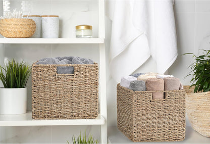 12x12x10in Water Hyacinth Storage Basket Large, Folding Cube Woven Wicker Storage Basket for Shelves, Pantry Baskets Organization and Storage, Kitchen Storage Baskets, Large Rattan Basket Set of 3