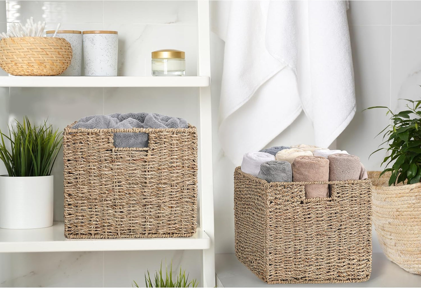 12x12x10in Water Hyacinth Storage Basket Large, Folding Cube Woven Wicker Storage Basket for Shelves, Pantry Baskets Organization and Storage, Kitchen Storage Baskets, Large Rattan Basket Set of 3