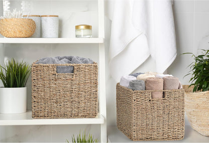 12x12x10in Water Hyacinth Storage Basket Large, Folding Cube Woven Wicker Storage Basket for Shelves, Pantry Baskets Organization and Storage, Kitchen Storage Baskets, Large Rattan Basket Set of 3