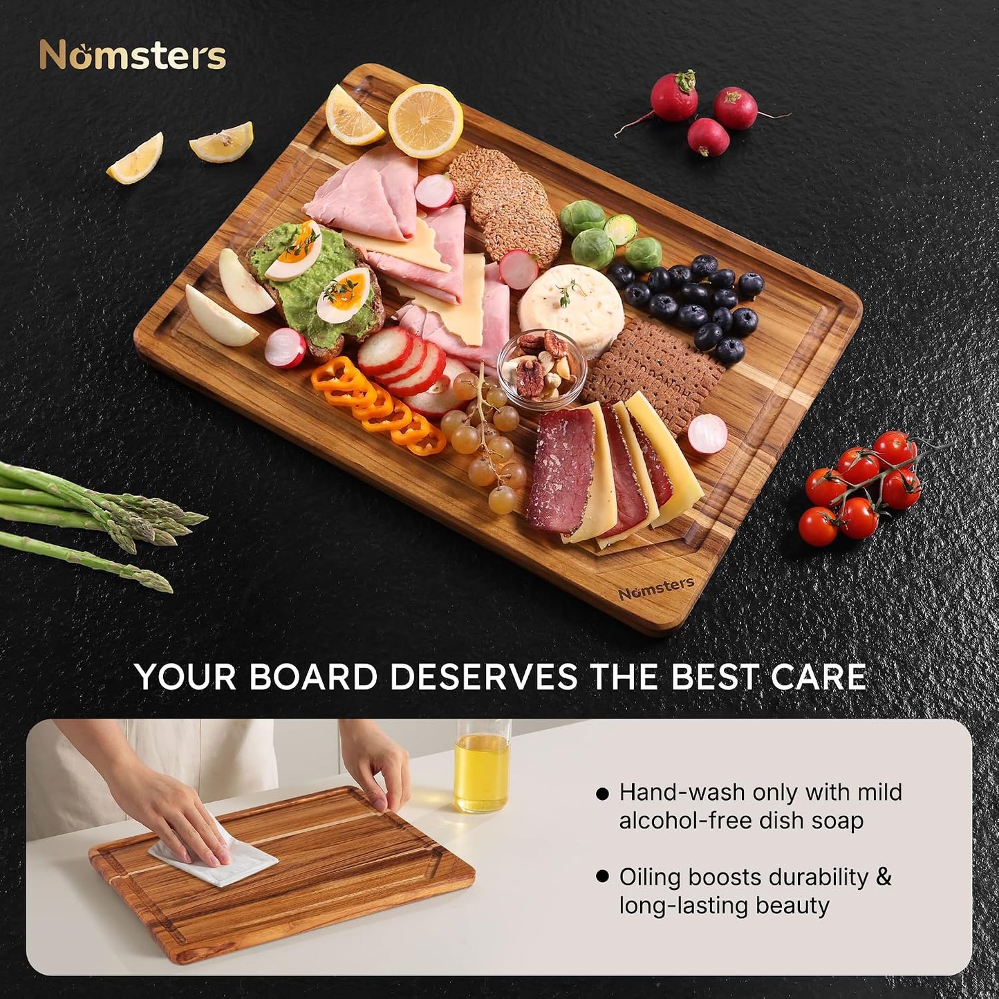 3 Pack Teak Wood Cutting Board Set with Holder Non Slip Over Sink Wooden Chopping Board for Fresh Meat Vegetable Thick Haus Perfect for Charcuterie Juice Groove Kitchen Accessories - FSC Certified
