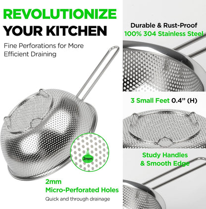 Premium 18/8 304 Stainless Steel Micro-Perforated Small and Big Colander Set of 4 with rings - 3.5-5.5-7.5-9.5 Quart Set, Self-Draining Solid Base for Pasta, Fruits, Vegetables