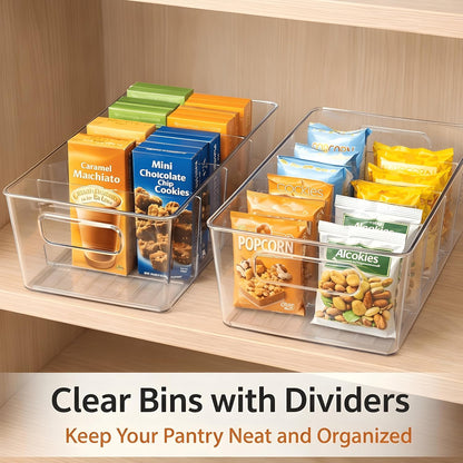 8 Pack Pantry Organizers and Storage, Food Storage Containers with 3 Removable Divider for Kitchen, Fridge, Cabinet Organization, Clear Plastic Storage Bins for Snacks, Spice Packets, Packets, Pouches