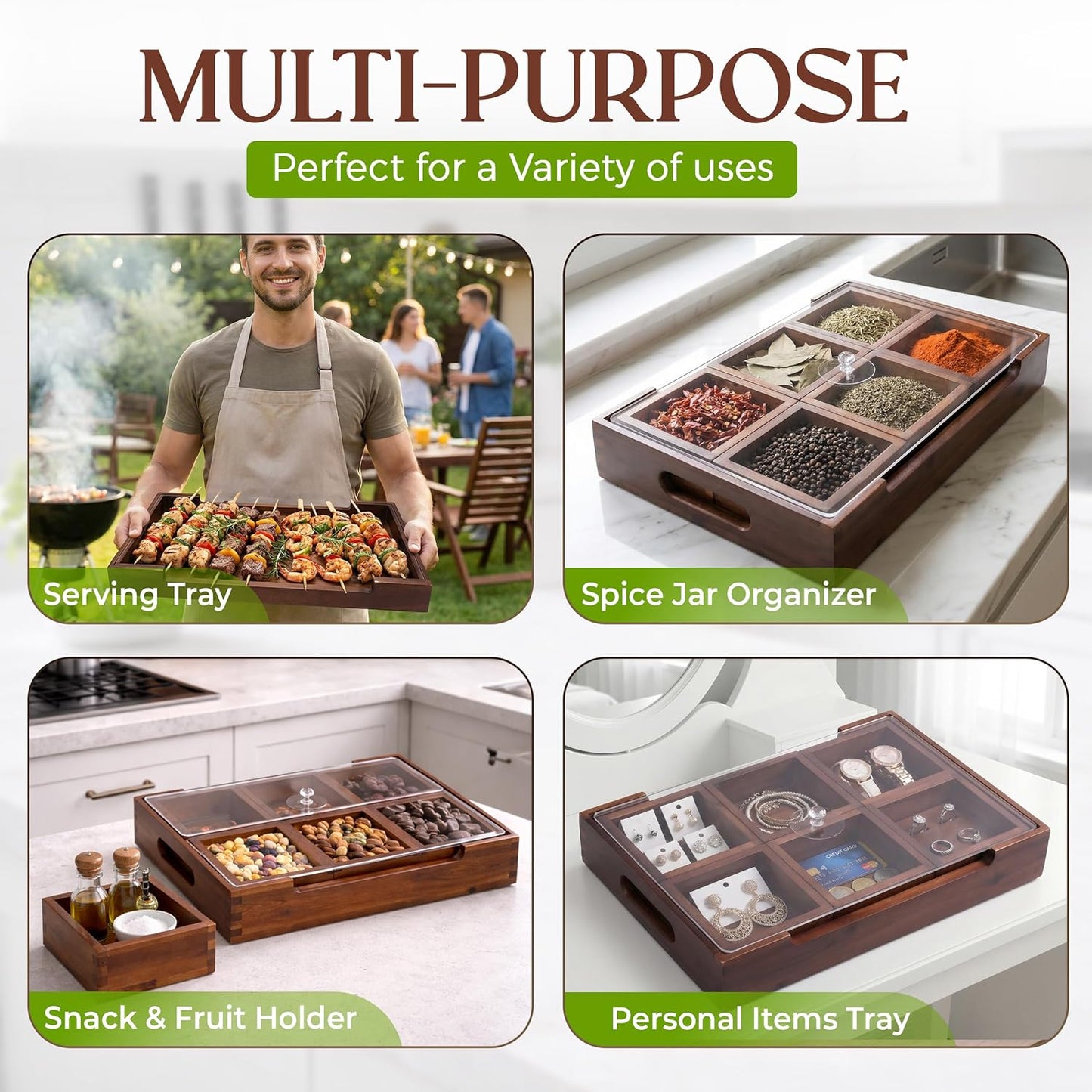 Set7 Wood Serving Tray With Handles And Lid – Large Rectangular Breakfast & Ottoman Tray with Raised Edges, Serving Platter Snack Tray, Serving Tray with Food, Drinks, Appetizer Dishes & Dessert Trays