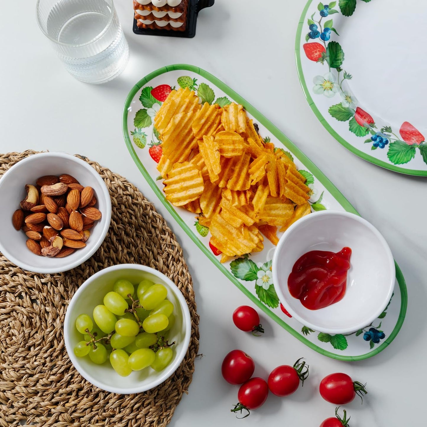LEHAHA Coastal Chip and Dip Serving platter Set, Set of 3, Melamine Bowl and Tray Gift Set,Serving Dishes for Entertaining, Small Serving Bowls for Side Dishes, Salsa, Appetizers, Condiments.